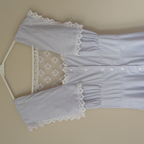 Vintage Gunne Sax Lace Crochet Striped Prairie Dress 7 Blue White - Picture 7 of 16